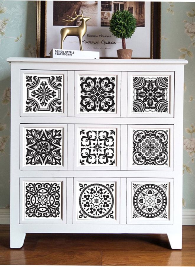 NIBEMINENT Black And White Retro European Tile Stickers Set Of Ten Black/White - Image 2