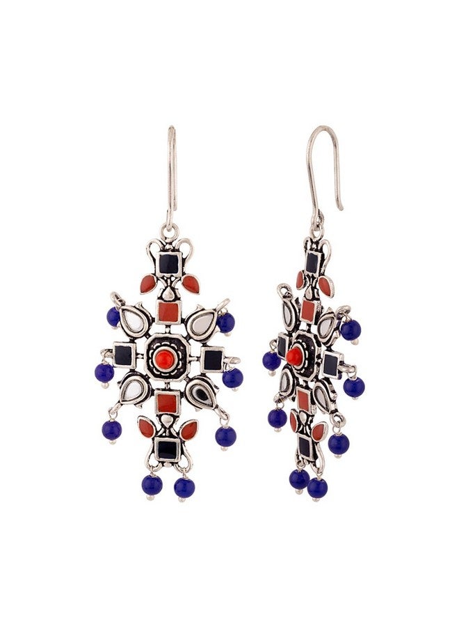 Voylla Oxidised Silver Plating Kesar Tribal Jewelry Inspired Earrings Blue Red Pearl Beads Studed for Women and Girls - Image 4