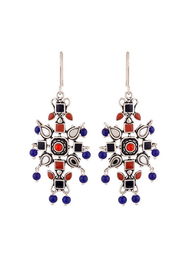 Voylla Oxidised Silver Plating Kesar Tribal Jewelry Inspired Earrings Blue Red Pearl Beads Studed for Women and Girls - Image 1