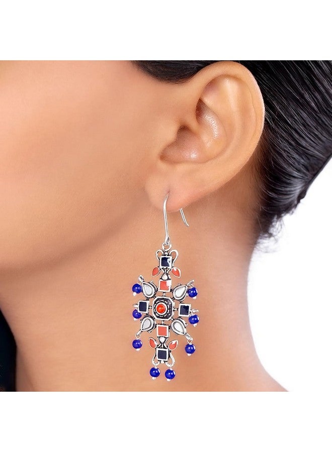 Voylla Oxidised Silver Plating Kesar Tribal Jewelry Inspired Earrings Blue Red Pearl Beads Studed for Women and Girls - Image 3