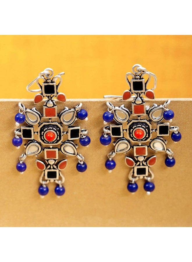 Voylla Oxidised Silver Plating Kesar Tribal Jewelry Inspired Earrings Blue Red Pearl Beads Studed for Women and Girls - Image 2