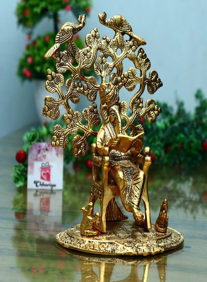 CHHARIYA CRAFTS تمثال غانيش المعدني من تشاريا كرافتس وهو يقرأ رامايانا، غانيش غانباتي جالس على كرسي، مناسب لتزيين المنزل في المهرجانات، غرفة الصلاة، المعبد، هدية للعائلة والأصدقاء، أو كهدية لبيت جديد (الحجم: 22 سم، طلاء ذهبي). - Image 2