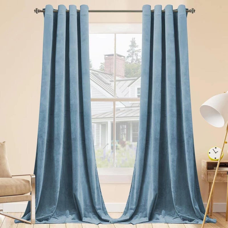 SMILETIME Sky Blue 120 in Long Velvet Curtains with Grommet Thermal Insulated Super Soft Privacy Noise Reducing Light Filtering Velvet Curtains for Living Room 2 Panels Each 52 x 120 inches Long