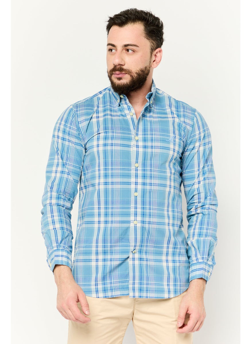 NAUTICA Men Classic Fit Embroidered Logo Long Sleeve Casual Shirt, Blue/White  - Image 1