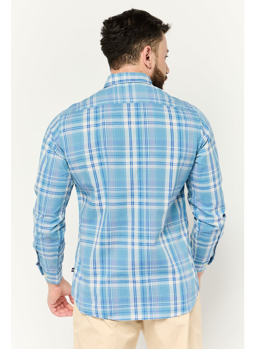 NAUTICA Men Classic Fit Embroidered Logo Long Sleeve Casual Shirt, Blue/White  - Image 2