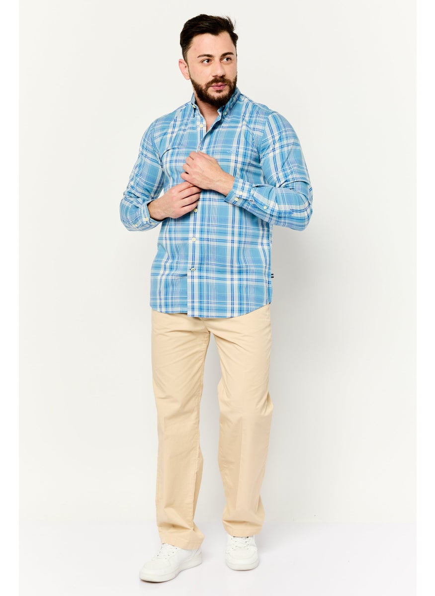 NAUTICA Men Classic Fit Embroidered Logo Long Sleeve Casual Shirt, Blue/White  - Image 3