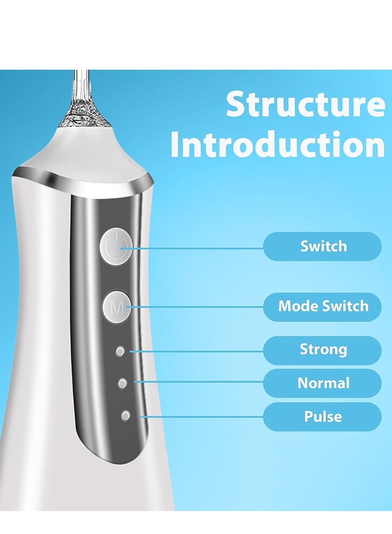 عام جهاز تنظيف الأسنان بالماء لاسلكي لتنظيف الأسنان، 300 مل، جهاز ري الفم للأسنان، 3 أوضاع، 5 نصائح قابلة لإعادة الشحن، أدوات تنظيف المياه الكهربائية المقاومة للماء، وخيط تنظيف الأسنان للسفر المنزلي (أبيض - Image 2