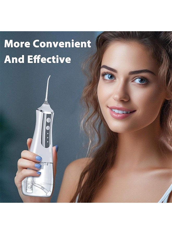 عام جهاز تنظيف الأسنان بالماء لاسلكي لتنظيف الأسنان، 300 مل، جهاز ري الفم للأسنان، 3 أوضاع، 5 نصائح قابلة لإعادة الشحن، أدوات تنظيف المياه الكهربائية المقاومة للماء، وخيط تنظيف الأسنان للسفر المنزلي (أبيض - Image 4