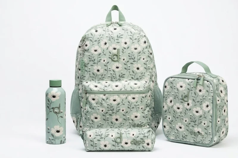 Depo DEPO 4-Piece School Backpack Set for Girls, 44cm Floral Backpack with Lunch Bag, Pencil Case & 500ml Stainless Steel Water Bottle