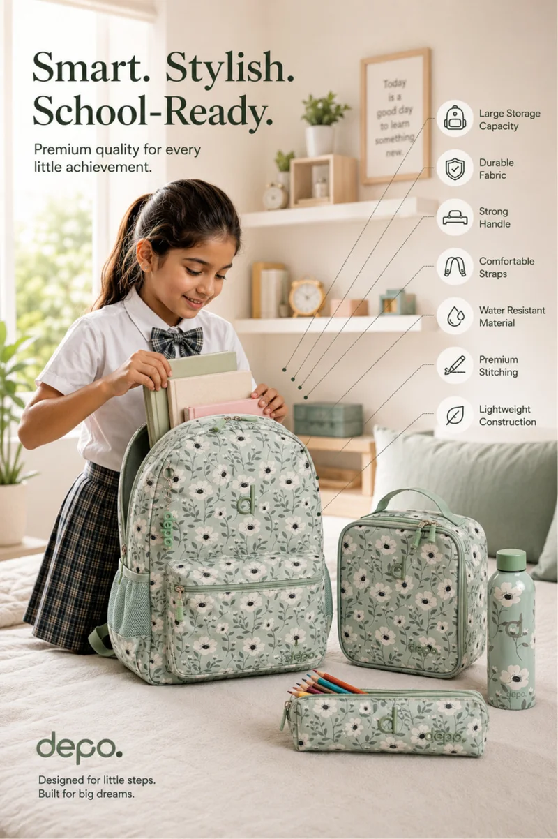 Depo DEPO 4-Piece School Backpack Set for Girls, 44cm Floral Backpack with Lunch Bag, Pencil Case & 500ml Stainless Steel Water Bottle