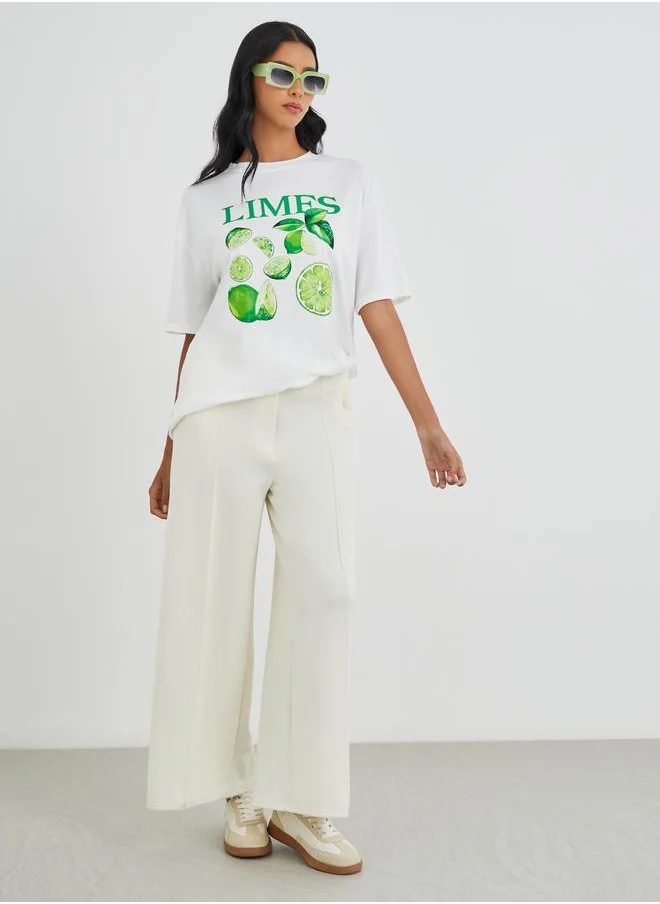 تايك تو Take Two Graphic Print Round Neck Oversized T-Shirt