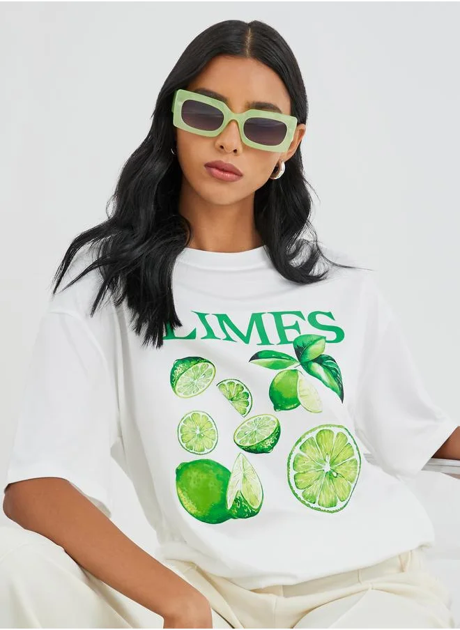 تايك تو Take Two Graphic Print Round Neck Oversized T-Shirt