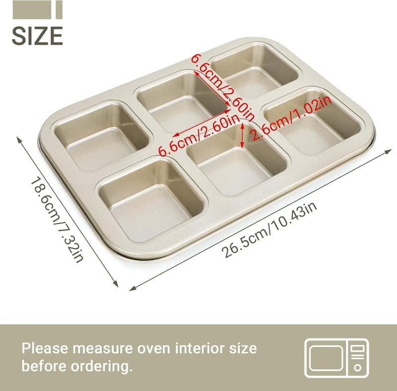 Beasea Brownie Pan, 1 Pack 6 Cavity Gold Nonstick Square Mini Brownie Muffin Cake Pan Cheesecake Cupcake Bakeware Carbon Steel Brownie Baking Tray 2x3 Individual Cutter Bakeware for Oven Baking - Image 2