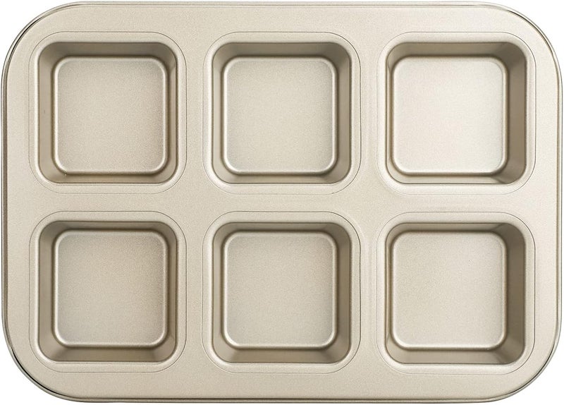 Beasea Brownie Pan, 1 Pack 6 Cavity Gold Nonstick Square Mini Brownie Muffin Cake Pan Cheesecake Cupcake Bakeware Carbon Steel Brownie Baking Tray 2x3 Individual Cutter Bakeware for Oven Baking - Image 1
