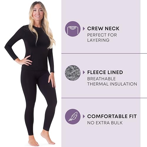 Rocky thermal underwear women long johns womens thermals top bottom set fleece lined under wear clothes base layer thermals (X-Small, Black, Standard Weight (185 GSM) - Image 2