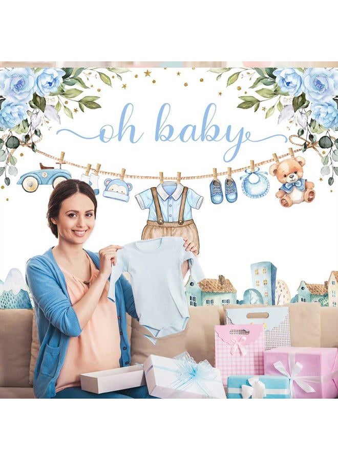 Sensfun Cute Clothes Baby Shower Backdrop for Boys Oh Baby Newborn Blue Floral Eucalyptus Leaves Adventure Baby Shower Party Decorations Banner Supplies Photo Booth Studio Props 7x5ft - Image 4