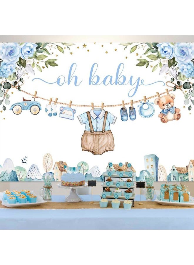 Sensfun Cute Clothes Baby Shower Backdrop for Boys Oh Baby Newborn Blue Floral Eucalyptus Leaves Adventure Baby Shower Party Decorations Banner Supplies Photo Booth Studio Props 7x5ft - Image 2