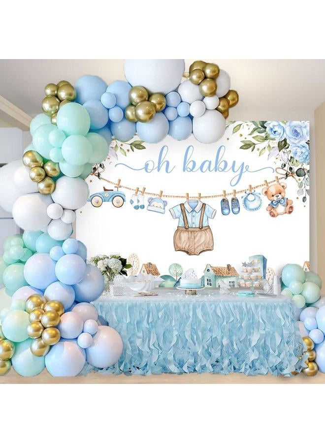 Sensfun Cute Clothes Baby Shower Backdrop for Boys Oh Baby Newborn Blue Floral Eucalyptus Leaves Adventure Baby Shower Party Decorations Banner Supplies Photo Booth Studio Props 7x5ft - Image 3
