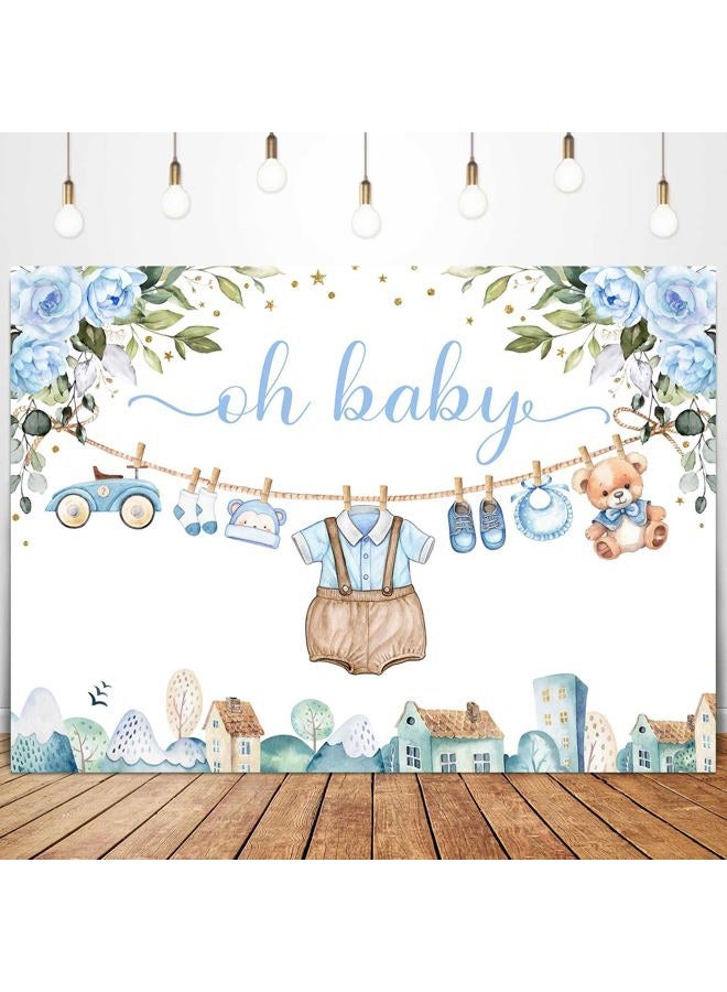 Sensfun Cute Clothes Baby Shower Backdrop for Boys Oh Baby Newborn Blue Floral Eucalyptus Leaves Adventure Baby Shower Party Decorations Banner Supplies Photo Booth Studio Props 7x5ft - Image 5