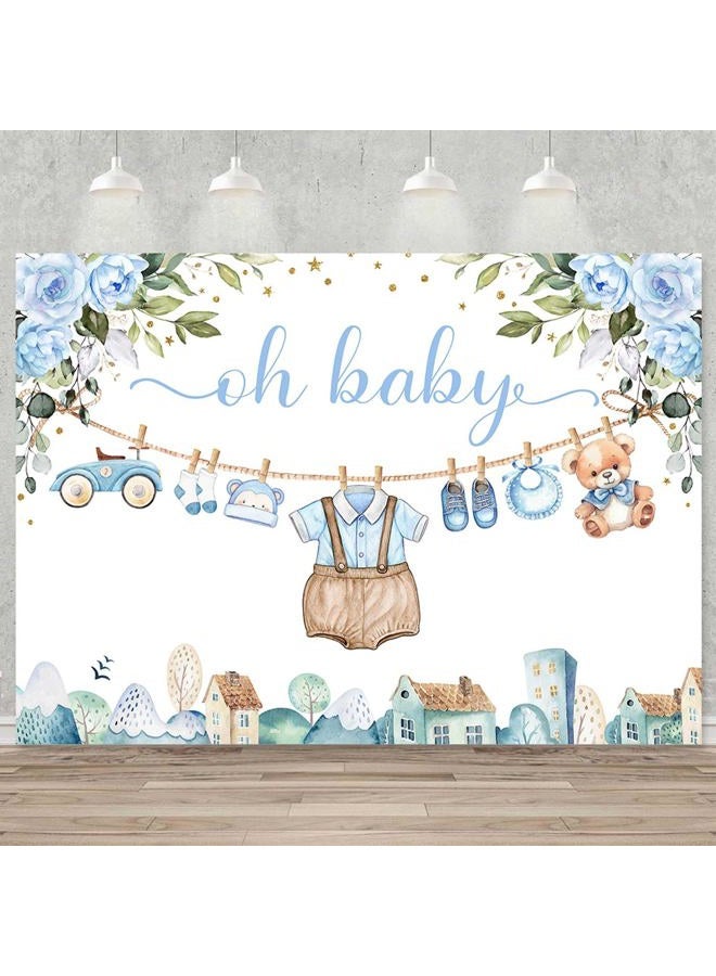 Sensfun Cute Clothes Baby Shower Backdrop for Boys Oh Baby Newborn Blue Floral Eucalyptus Leaves Adventure Baby Shower Party Decorations Banner Supplies Photo Booth Studio Props 7x5ft - Image 1