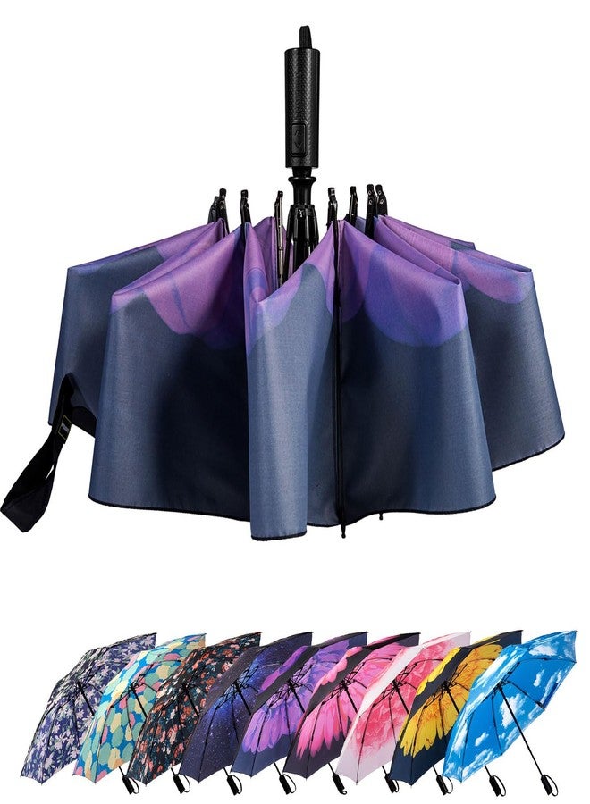 LANBRELLA Umbrella Compact Inverted Folding Umbrellas Auto Open Auto Close - T2.5-Purple Flower - Image 1