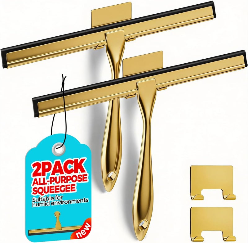 ALFLOD 2PACK ممسحة دش متعددة الأغراض ذهبية 11.5 بوصة لأبواب الدش، مجموعات أقمشة الحمام، جدران الدش المبلطة، الحمام، النافذة، الزجاج وزجاج السيارة الأمامي، المرايا والمطبخ - ستانلس ستيل - Image 1
