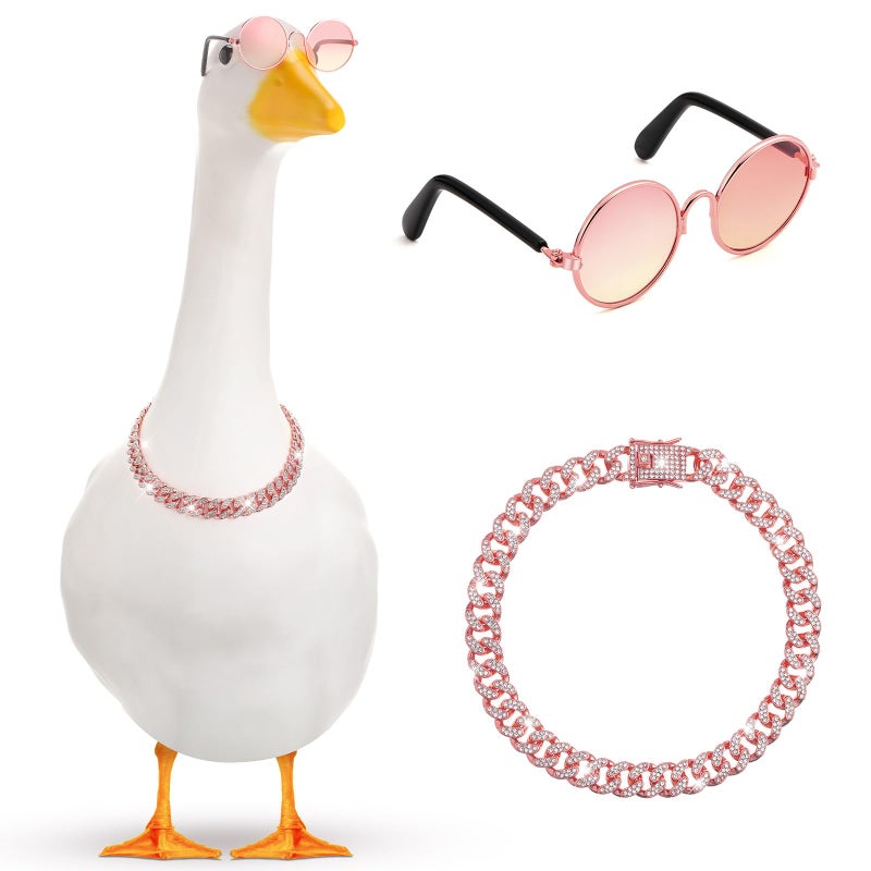 Shyyween Chain Collar and Sunglasses Porch Goose Outfits for Plastic Goose 23 17 Lawn Geese Statue Sunglasses Collar for Garden Geese Retro Pet Cosplay Party YardPinkRhinestone - Image 2