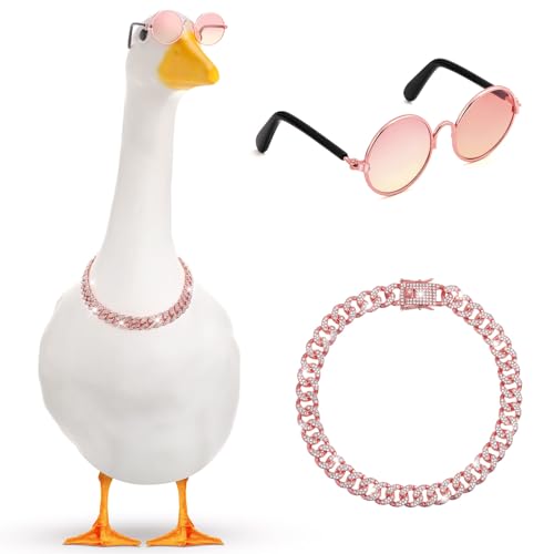 Shyyween Chain Collar and Sunglasses Porch Goose Outfits for Plastic Goose 23 17 Lawn Geese Statue Sunglasses Collar for Garden Geese Retro Pet Cosplay Party YardPinkRhinestone - Image 1
