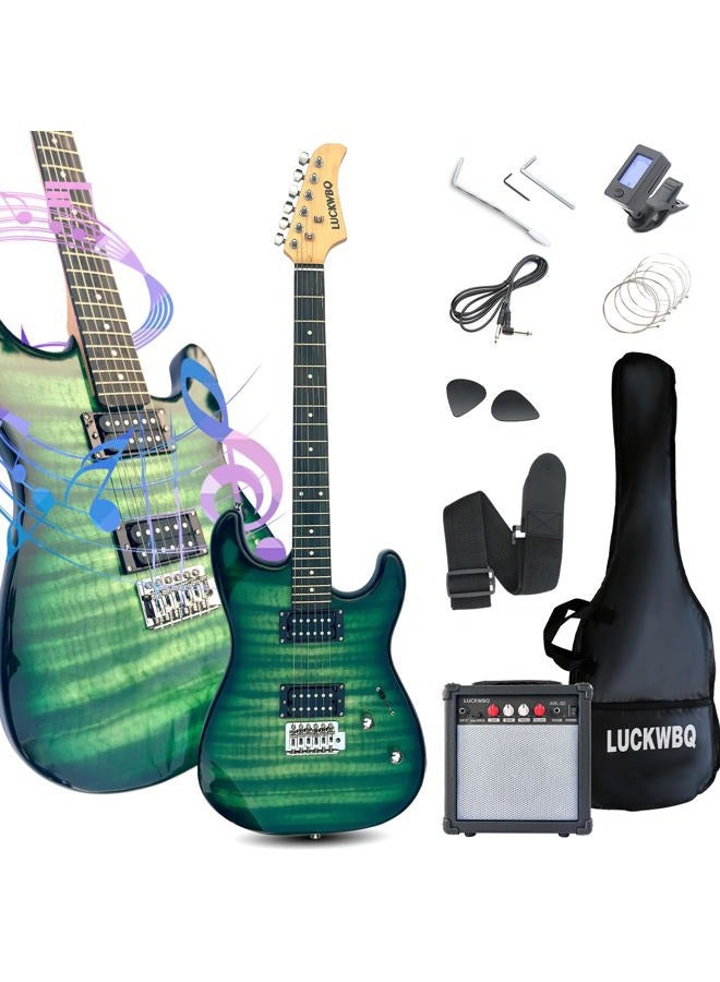 LUCKWBQ 39" Full Size ST Style Electric Guitar Starter Kit with HH Pickup, 20W Portable Amp, Tuner, Gig Bag, Strap & Accessories (Black Flame) - Image 1