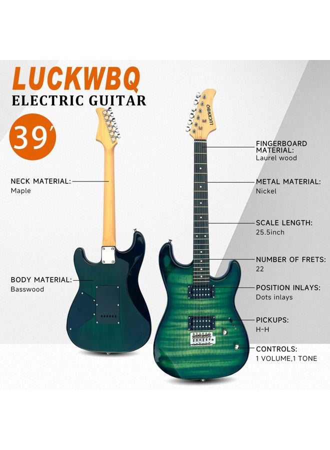 LUCKWBQ 39" Full Size ST Style Electric Guitar Starter Kit with HH Pickup, 20W Portable Amp, Tuner, Gig Bag, Strap & Accessories (Black Flame) - Image 2