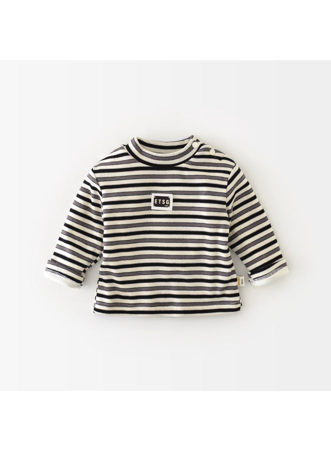 Children's Base Layer Half Turtleneck Autumn And Winter Kidsren's Velvet Thickeneded Top Baby Stripesd Korean Long-sleeved T-shirt 55599