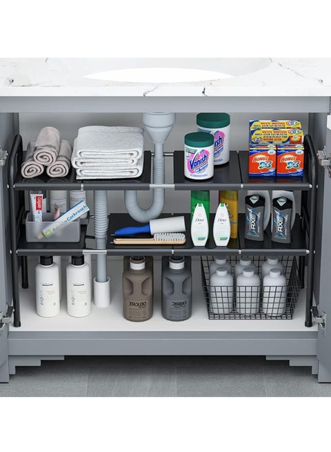 رف منظم تحت المغسلة للمطبخ قابل للتوسيع مع لوحات قابلة للإزالة لتخزين الحمام والمطبخ باللون الأسود