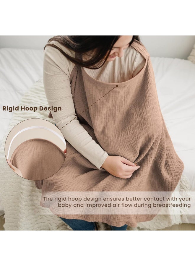 Muslin Nursing Cover for Breastfeeding, 100% Cotton Breathable with Rigid Hoop, Brown - Image 3