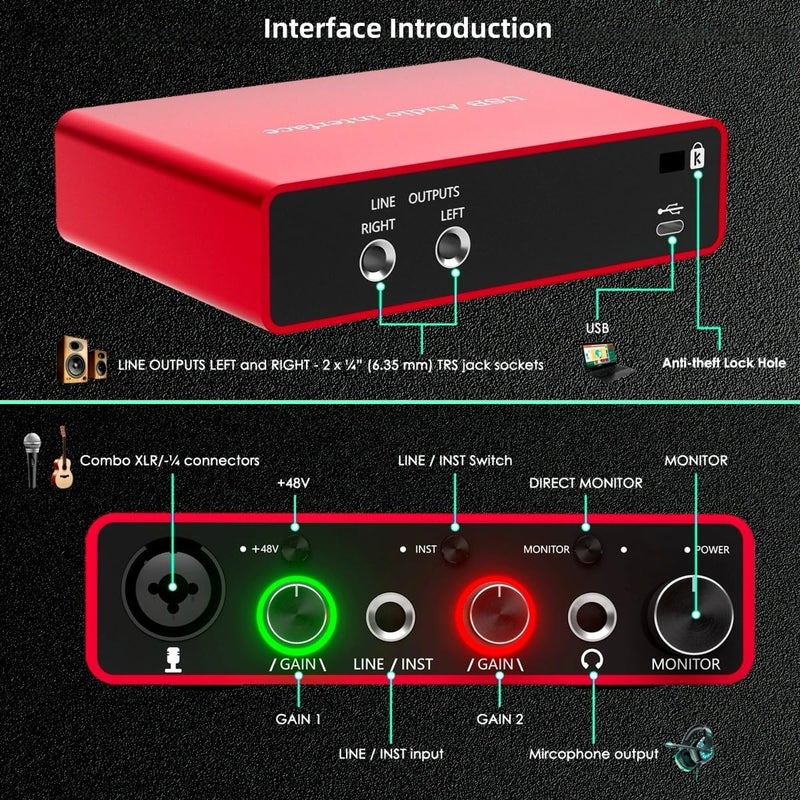 VQP USB Audio Interface for PC, 48V Phantom Power Audio Interface for Computer Recording Music, Podcasting, and Streaming, 24-Bit/192kHz, XLR & 1/4â€ Combo Connectors, LINE/INST Input - Image 4