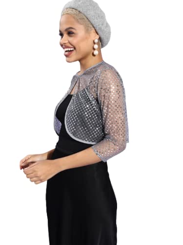 Style Quotient Women Silver Sequin Sheer Crop Shrug - Image 4