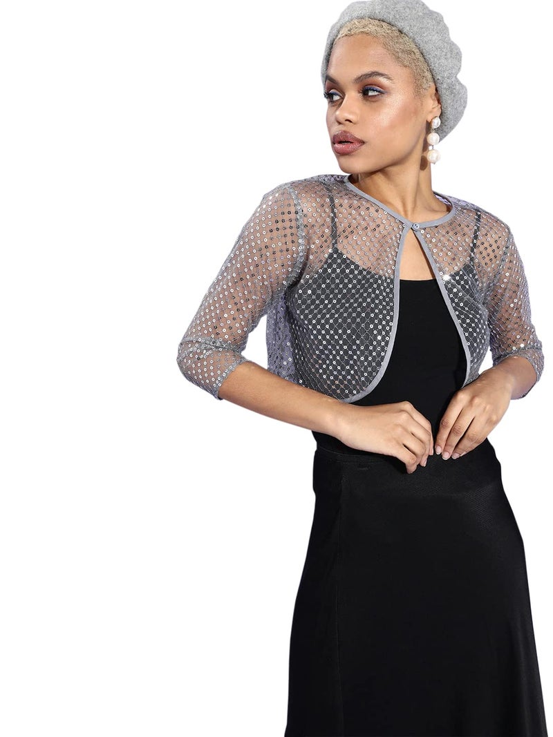 Style Quotient Women Silver Sequin Sheer Crop Shrug - Image 2