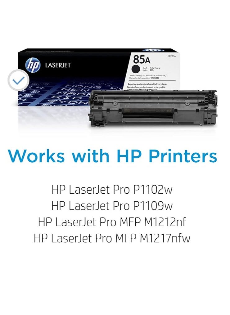 HP 85A Black Toner Cartridge (CE285A) – High-Yield LaserJet Print Cartridge for HP LaserJet Pro P1102w, M1212nf, M1217nfw – Original HP Toner, Crisp Black Text, 1,600 Pages