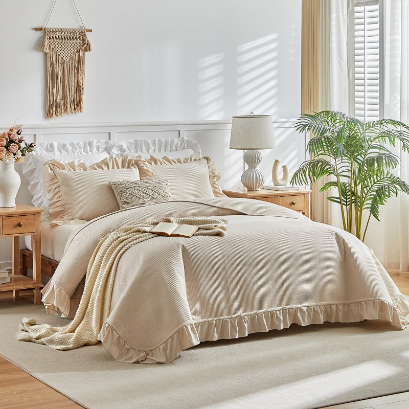 Flysheep Beige Ruffle Quilt Set Full/Queen Size, 3 Pieces Shabby Chic Farmhouse Striped Bedspread Coverlet Set, Solid Lightweight Soft Microfiber Bed Cover for All Season (1 Ruffled Quilt + 2 Pillow Shams) - Image 1
