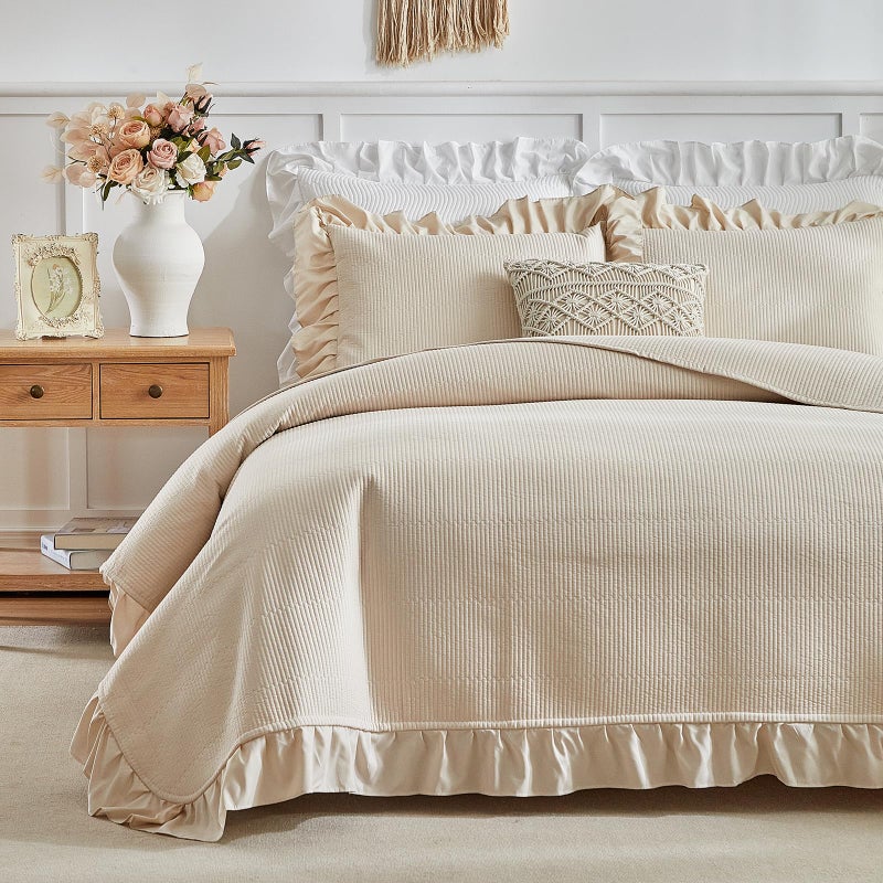 Flysheep Beige Ruffle Quilt Set Full/Queen Size, 3 Pieces Shabby Chic Farmhouse Striped Bedspread Coverlet Set, Solid Lightweight Soft Microfiber Bed Cover for All Season (1 Ruffled Quilt + 2 Pillow Shams) - Image 2