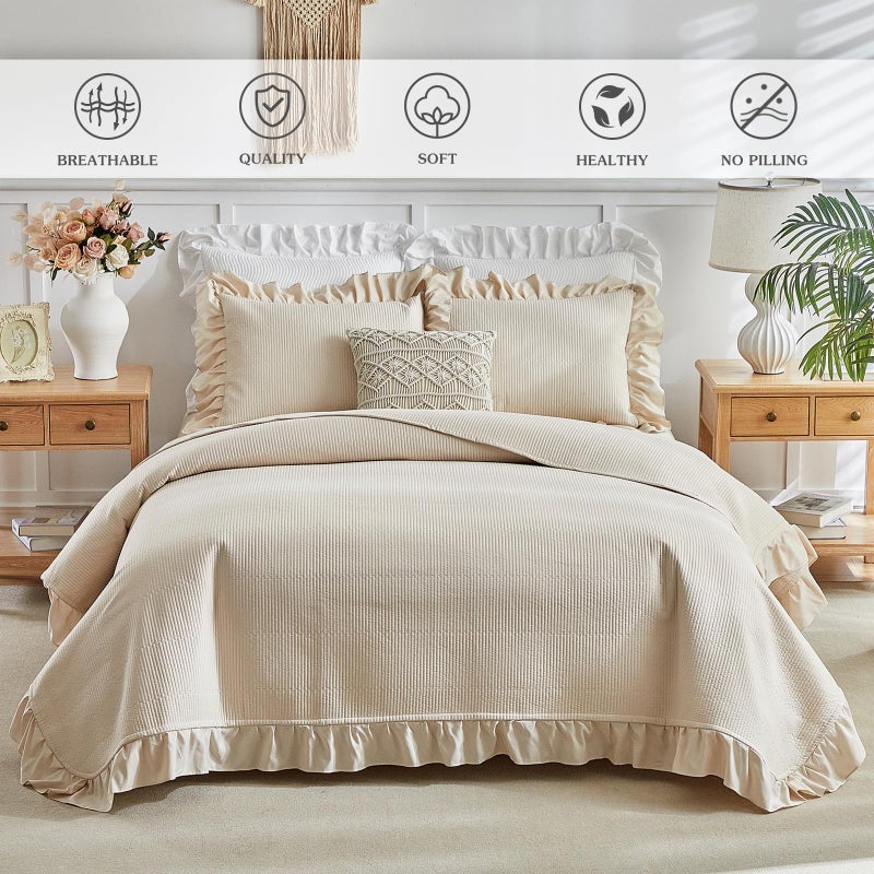 Flysheep Beige Ruffle Quilt Set Full/Queen Size, 3 Pieces Shabby Chic Farmhouse Striped Bedspread Coverlet Set, Solid Lightweight Soft Microfiber Bed Cover for All Season (1 Ruffled Quilt + 2 Pillow Shams) - Image 3