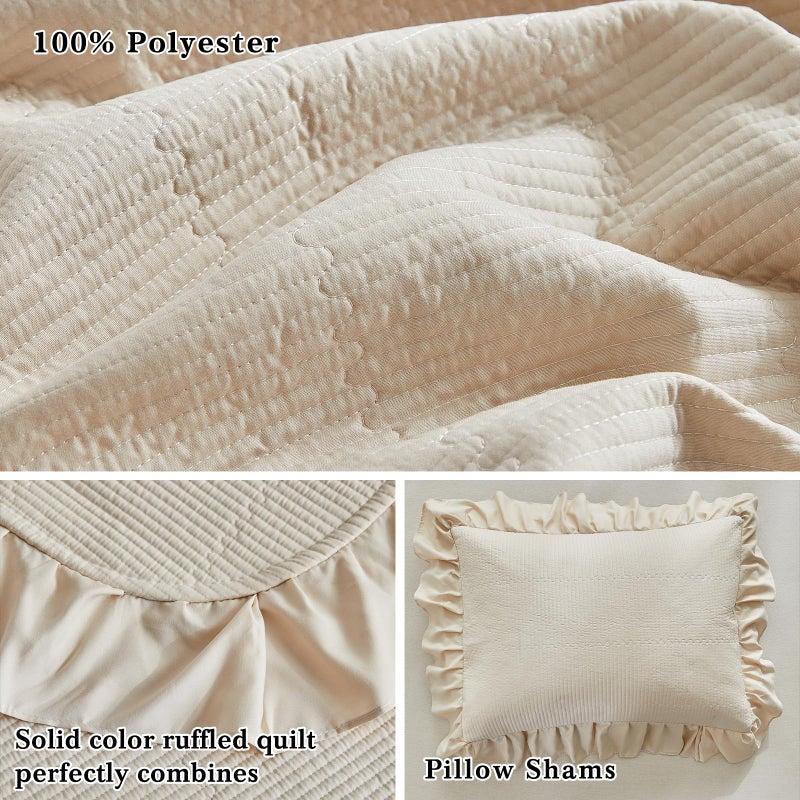 Flysheep Beige Ruffle Quilt Set Full/Queen Size, 3 Pieces Shabby Chic Farmhouse Striped Bedspread Coverlet Set, Solid Lightweight Soft Microfiber Bed Cover for All Season (1 Ruffled Quilt + 2 Pillow Shams) - Image 5