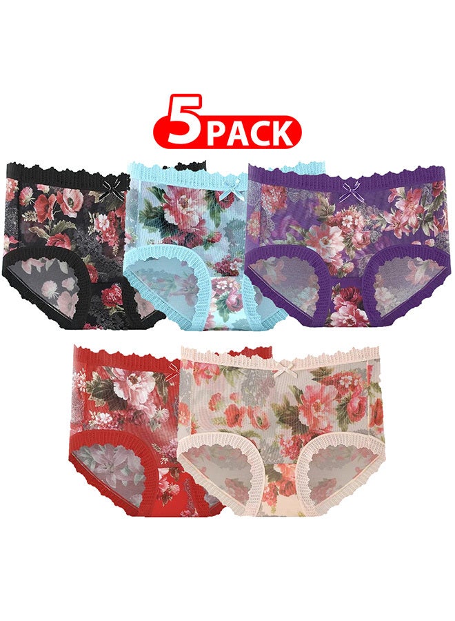 MARGOUN 5 Packs Ultra-thin Panties Women Lace Briefs Ice Silk Mid-Waist Panties Female Lingerie Fashion Flower Print Seamless Underwear/M (Waist 22'')--L (Waist 24'')--XL (Waist 26'') - Image 1