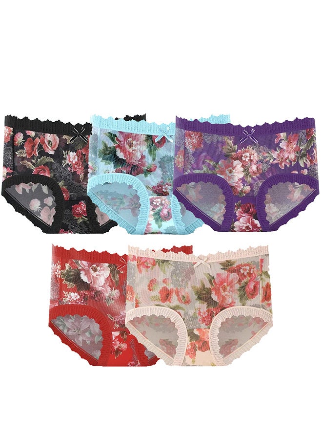 MARGOUN 5 Packs Ultra-thin Panties Women Lace Briefs Ice Silk Mid-Waist Panties Female Lingerie Fashion Flower Print Seamless Underwear/M (Waist 22'')--L (Waist 24'')--XL (Waist 26'') - Image 3