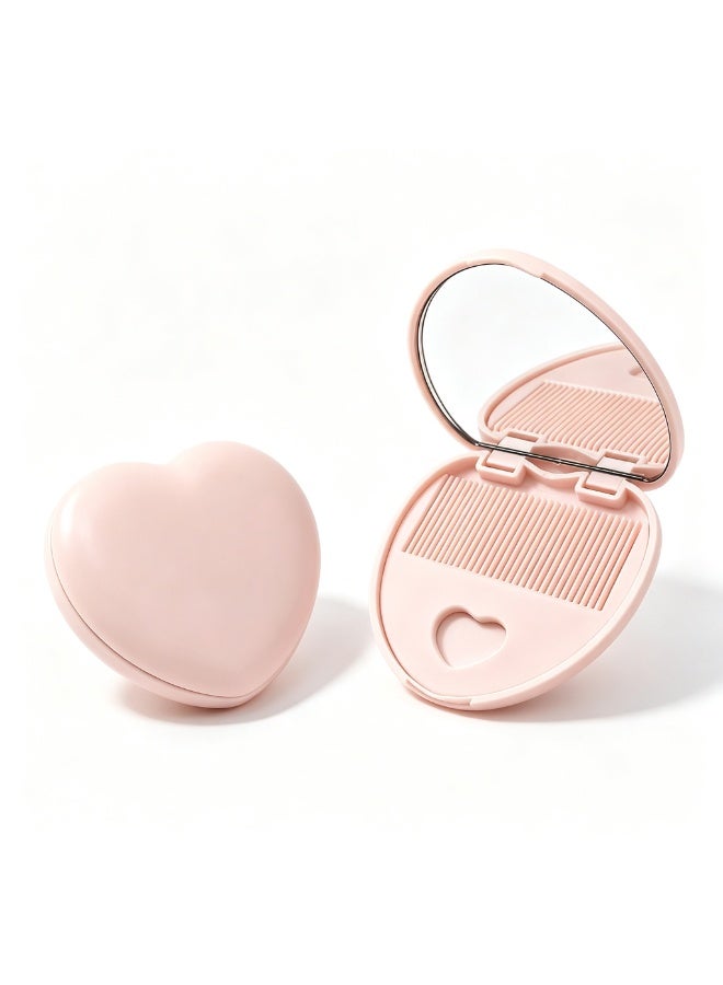 Pink Heart Shape Folding Mirror and Comb Set - Compact Portable Makeup Mirror for Travel - Image 1