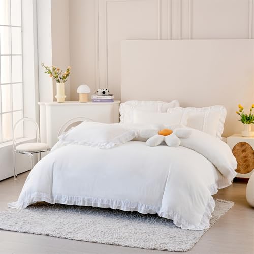 MOOWOO Chic Ruffle Lace Polyester Duvet Cover Set -Girl White Bedding-2 Piece Twin Comforter Duvet Cover with Zipper Closure -Ultra Soft and Light Weight(White, Twin)-NO Including Comforter - Image 2