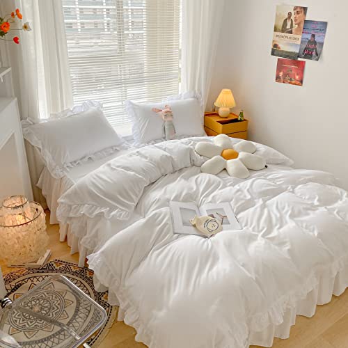MOOWOO Chic Ruffle Lace Polyester Duvet Cover Set -Girl White Bedding-2 Piece Twin Comforter Duvet Cover with Zipper Closure -Ultra Soft and Light Weight(White, Twin)-NO Including Comforter - Image 4