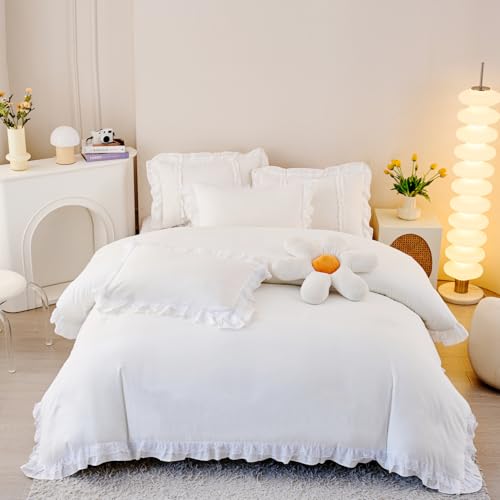 MOOWOO Chic Ruffle Lace Polyester Duvet Cover Set -Girl White Bedding-2 Piece Twin Comforter Duvet Cover with Zipper Closure -Ultra Soft and Light Weight(White, Twin)-NO Including Comforter - Image 1