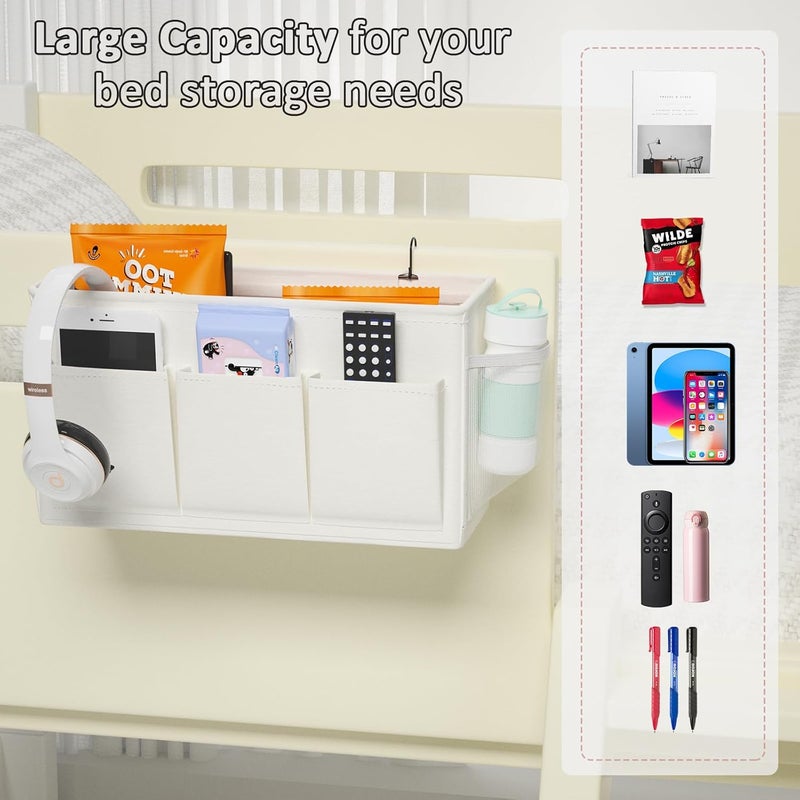 Edudif Dual-purpose Bedside Caddy Bedside Organizer, Bed Caddy with 6 Pockets, Versatile Bedside Storage Solution Magazine Remotes holder, ideal for Home, Dorm, Hospital, Crib Bed (White) - Image 5