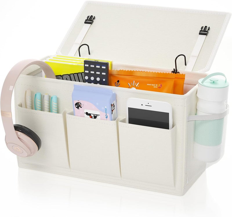 Edudif Dual-purpose Bedside Caddy Bedside Organizer, Bed Caddy with 6 Pockets, Versatile Bedside Storage Solution Magazine Remotes holder, ideal for Home, Dorm, Hospital, Crib Bed (White) - Image 1