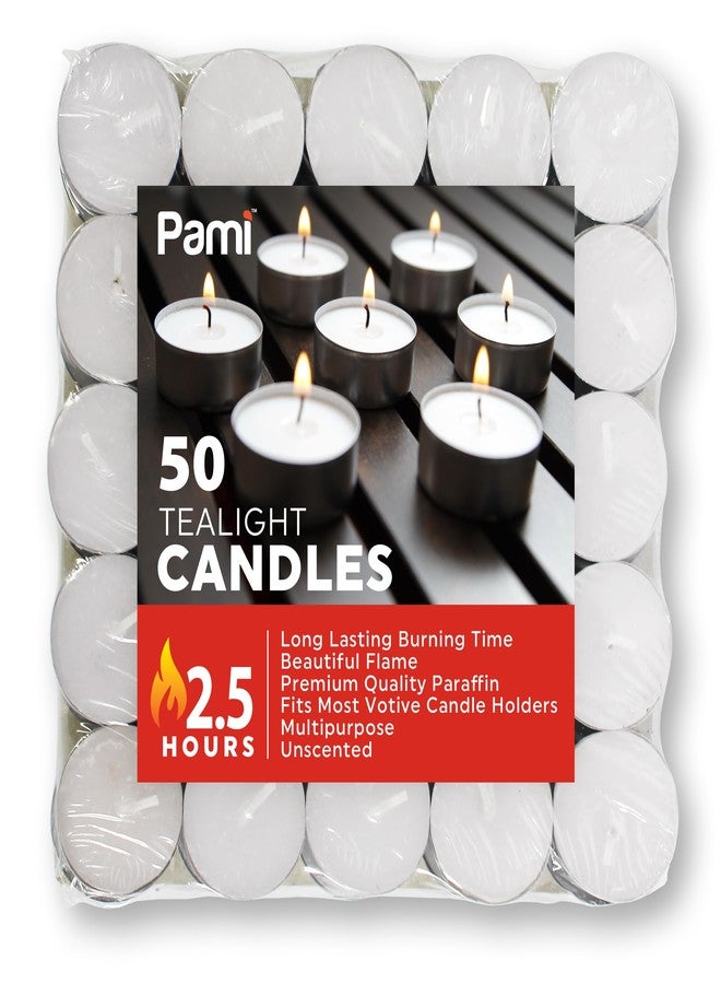 PAMI Premium 50 Pack Long-Lasting Tealight Candles - Unscented with 2.5 Hours Burning Time- Paraffin Tealights with Beautiful Flame- Round Candles Perfect for Votive Candle Holders - Image 1